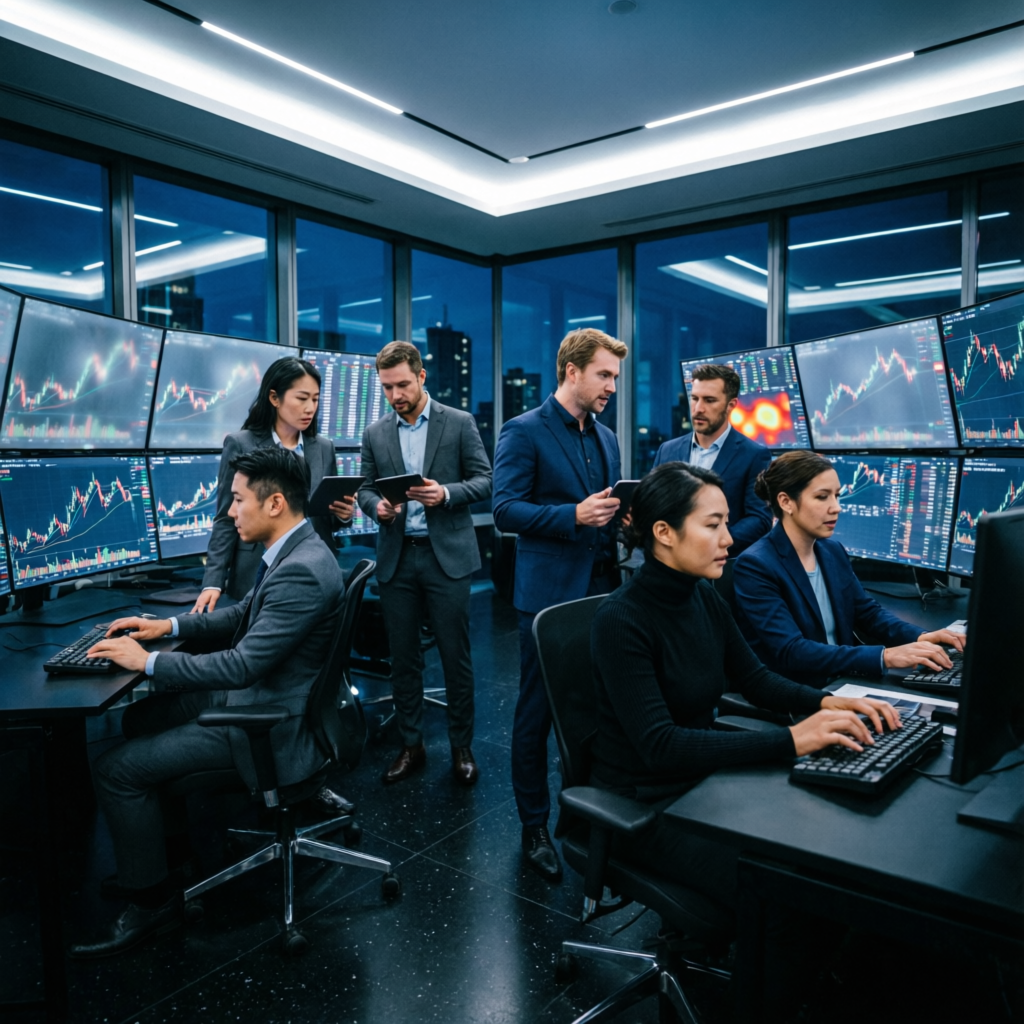 Professional trading team analyzing charts in modern trading floor with multiple screens