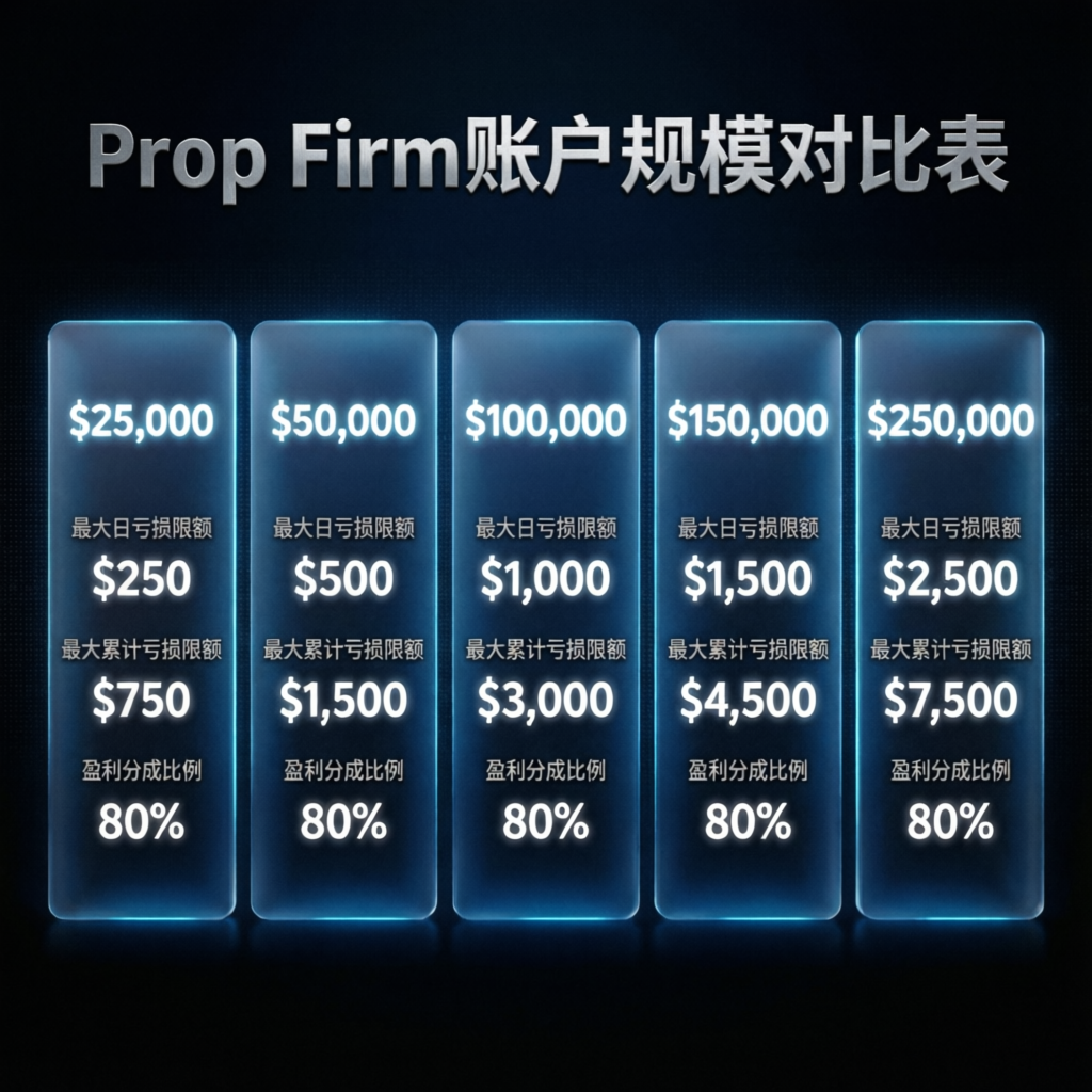 Comparison table showing different Apex account sizes from $25K to $250K with profit splits