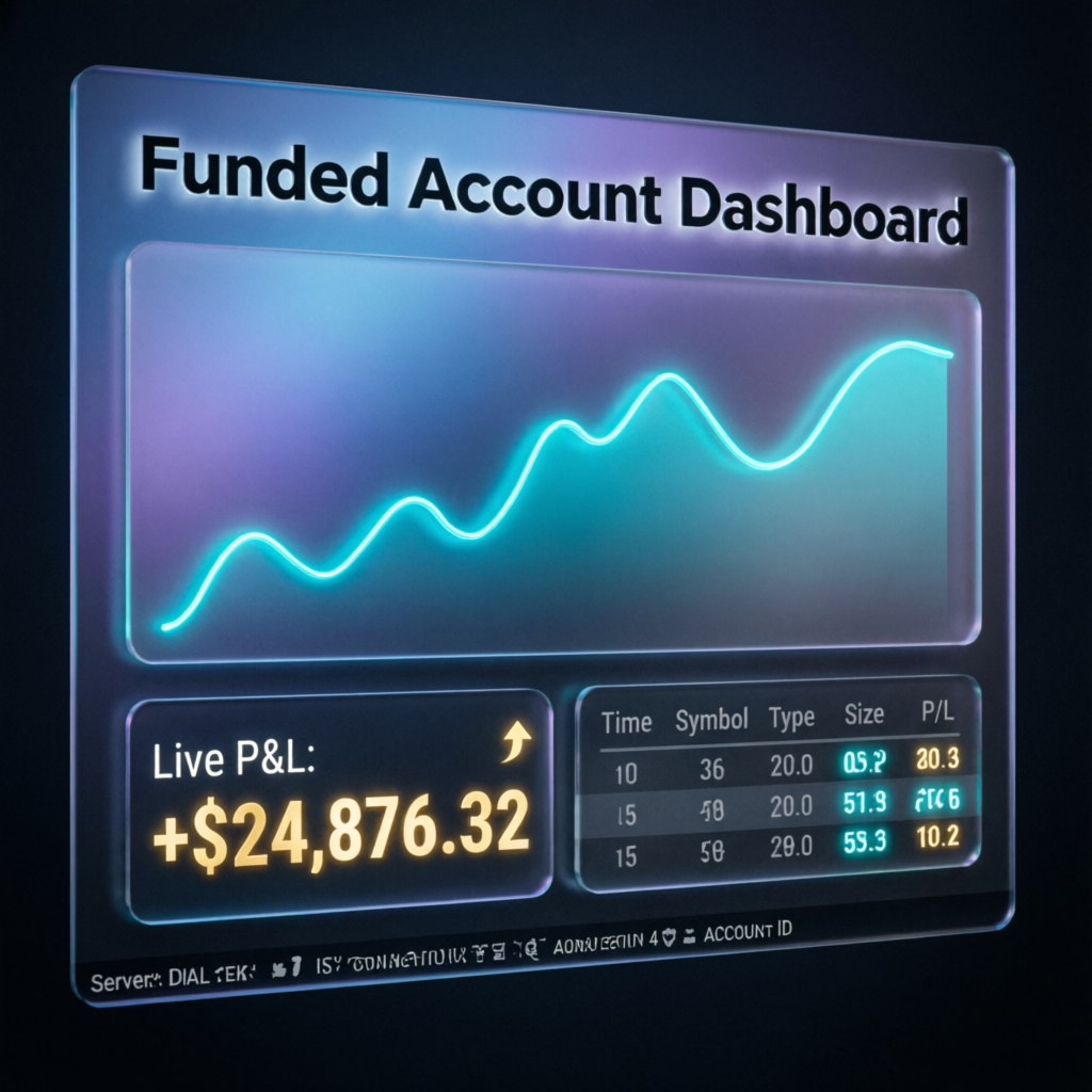 Funded account dashboard showing live P&L and trade history with profit growth