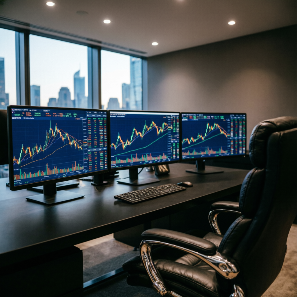 Professional trading desk with multiple monitors showing forex charts