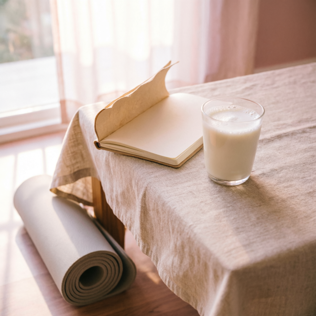Morning self-care scene with journal and a glass of milk