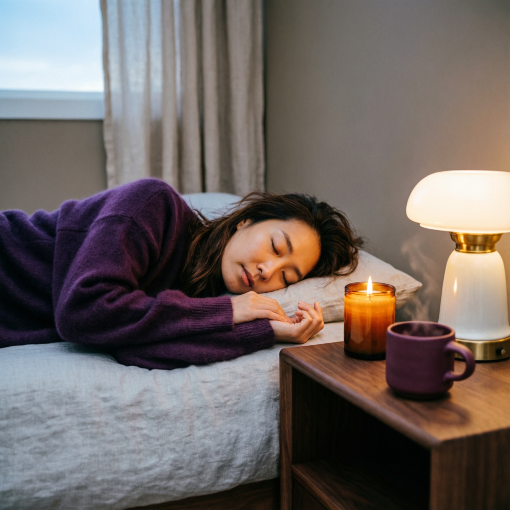 Cozy nighttime scene with candlelight and a warm cup
