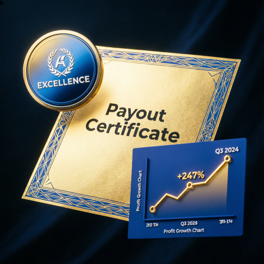 Payout certificate and profit growth chart representing funded trader success