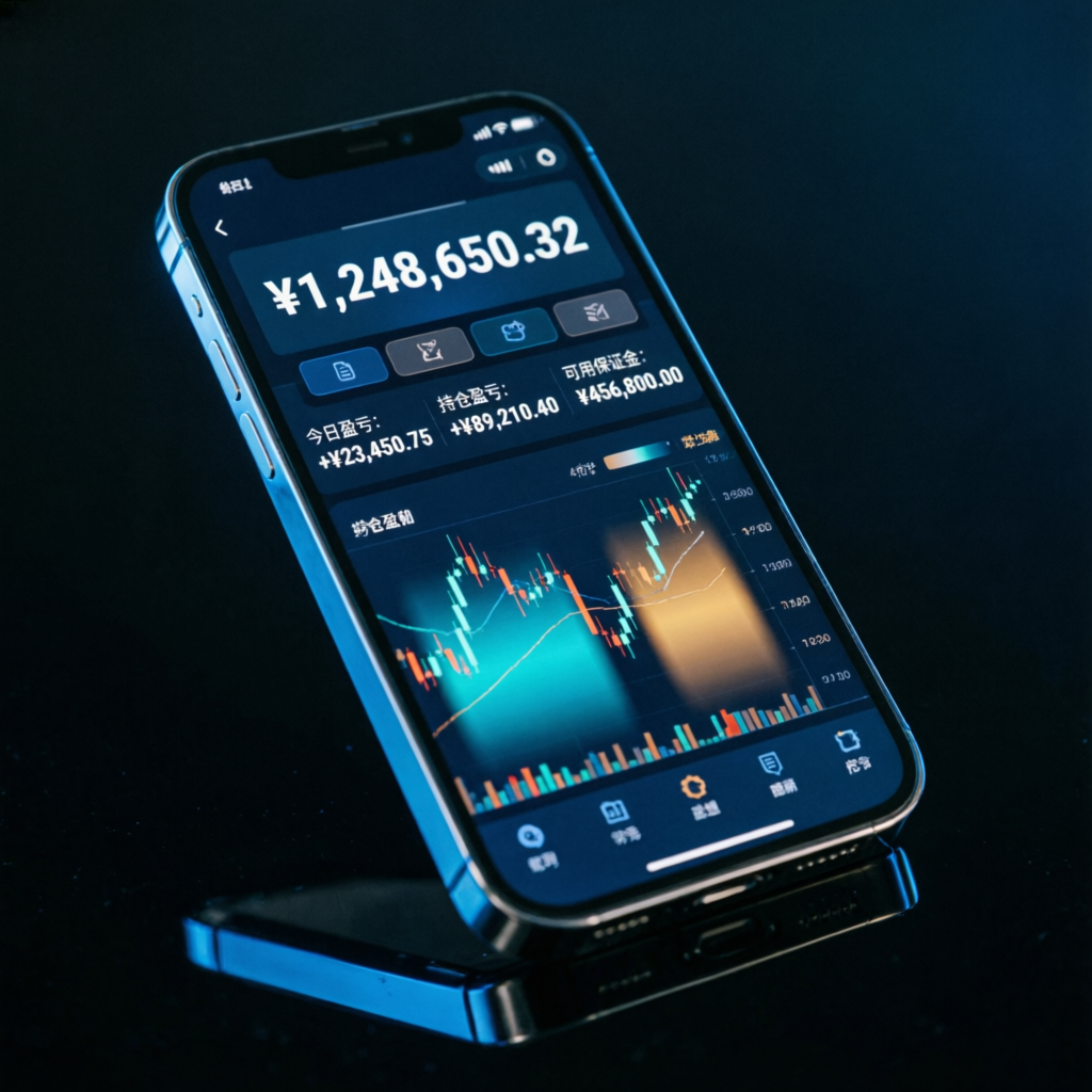 Mobile trading app showing futures trading dashboard with profit indicators