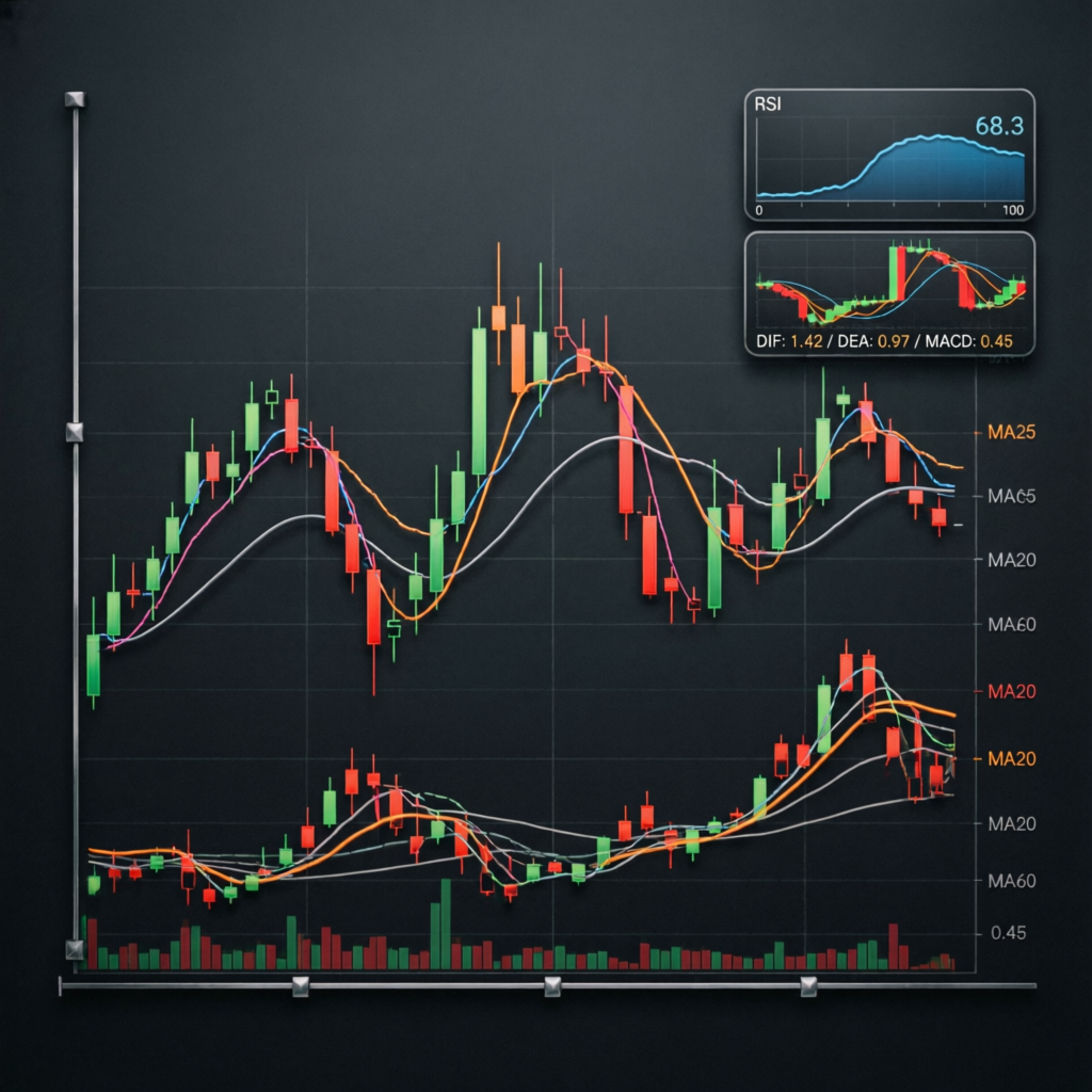 Professional trading strategy charts with technical indicators RSI MACD and moving averages