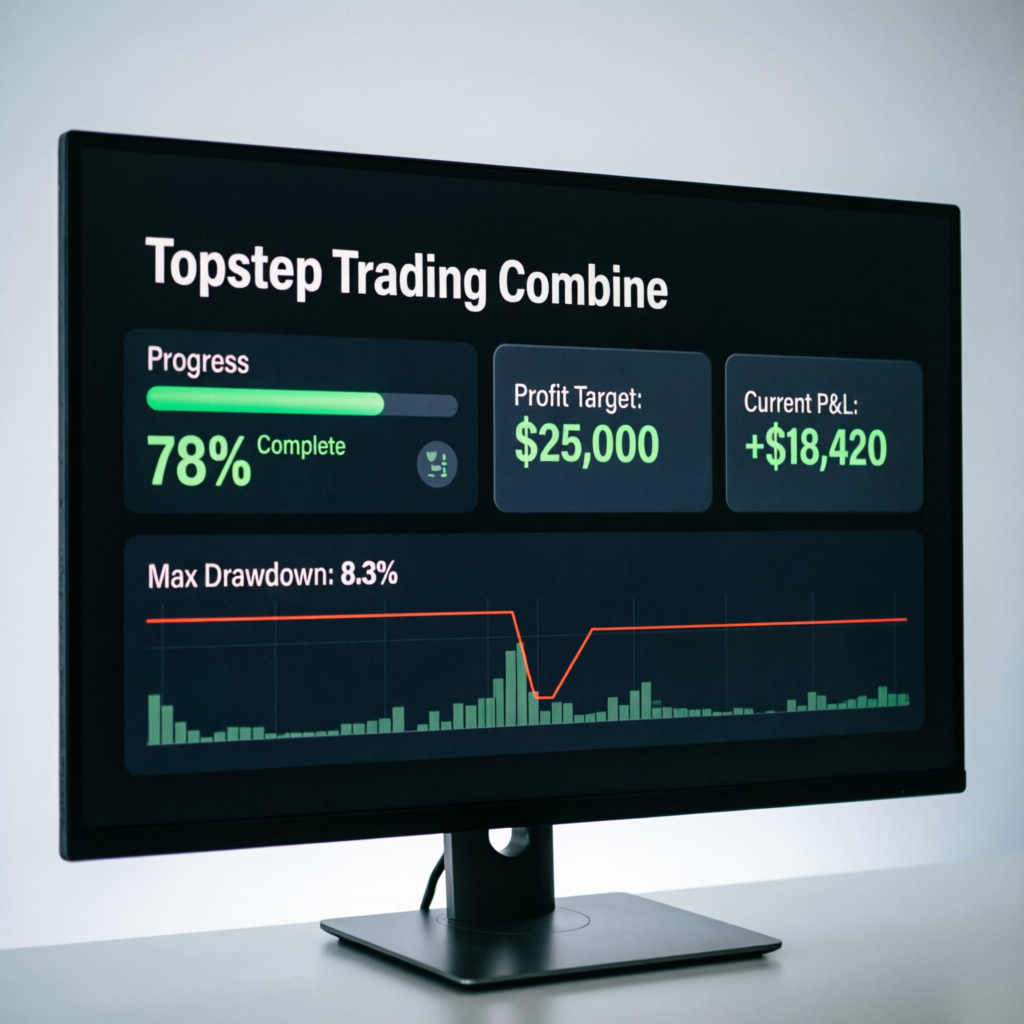 Topstep Trading Combine dashboard showing progress, profit target, and drawdown levels