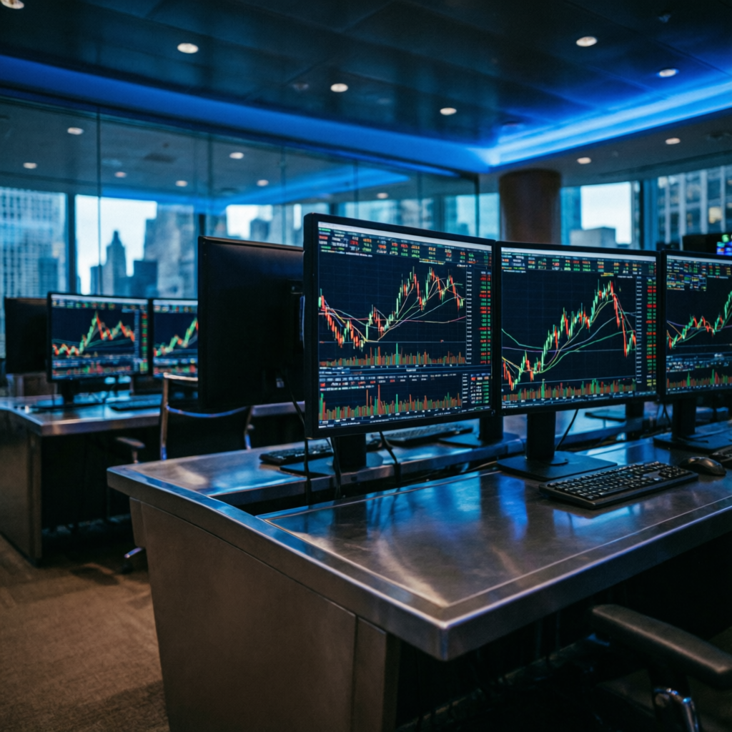 Professional Wall Street trading floor with multiple monitors showing financial charts