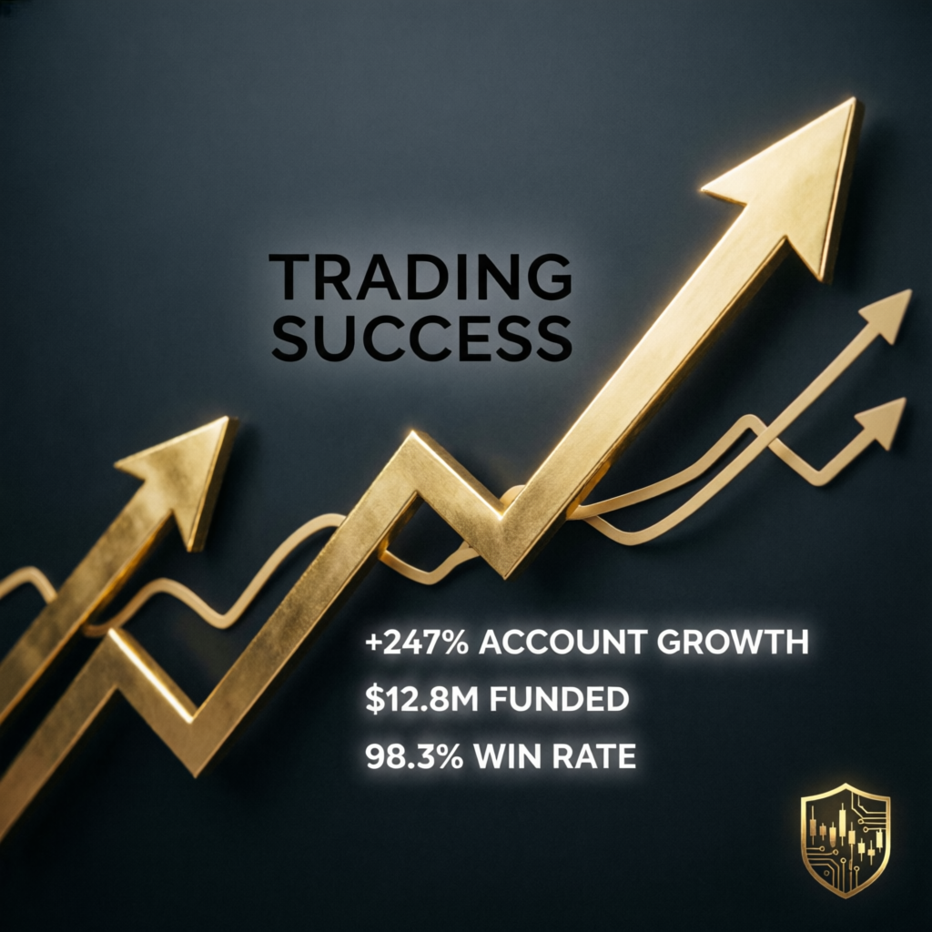 Trading success visualization with golden upward arrows showing account growth