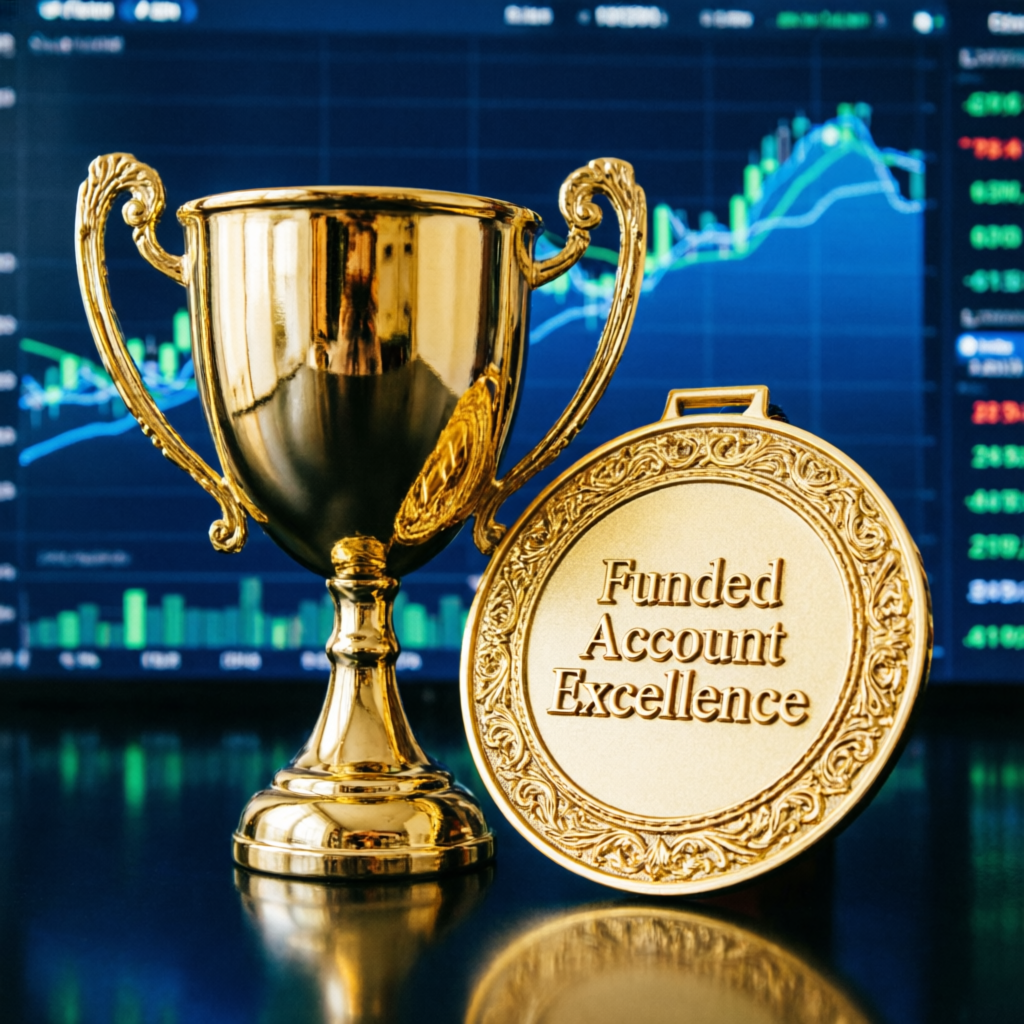 Gold trophy and Funded Account Excellence medal representing trading achievement