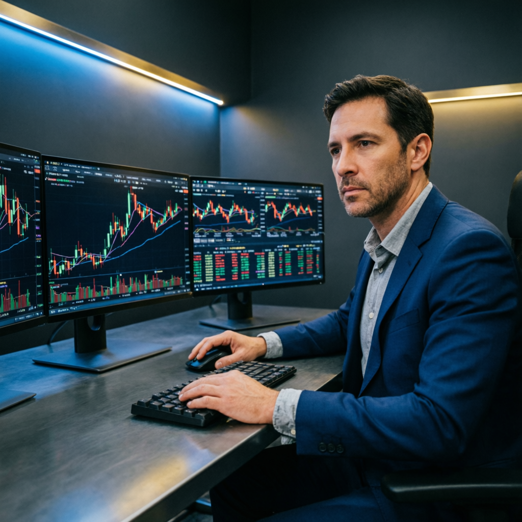 Professional forex trader working at multi-screen setup analyzing financial markets