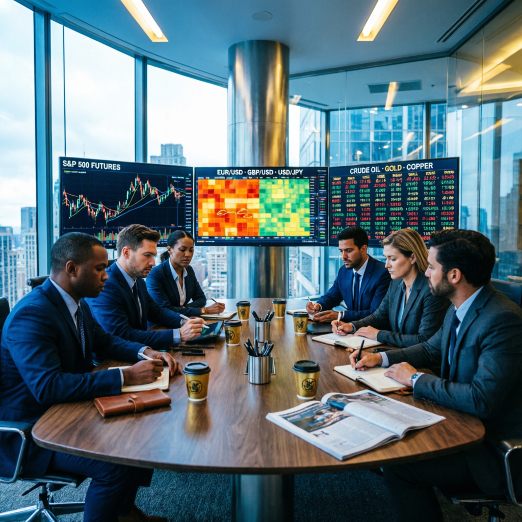 Professional trading team analyzing markets in modern corporate office