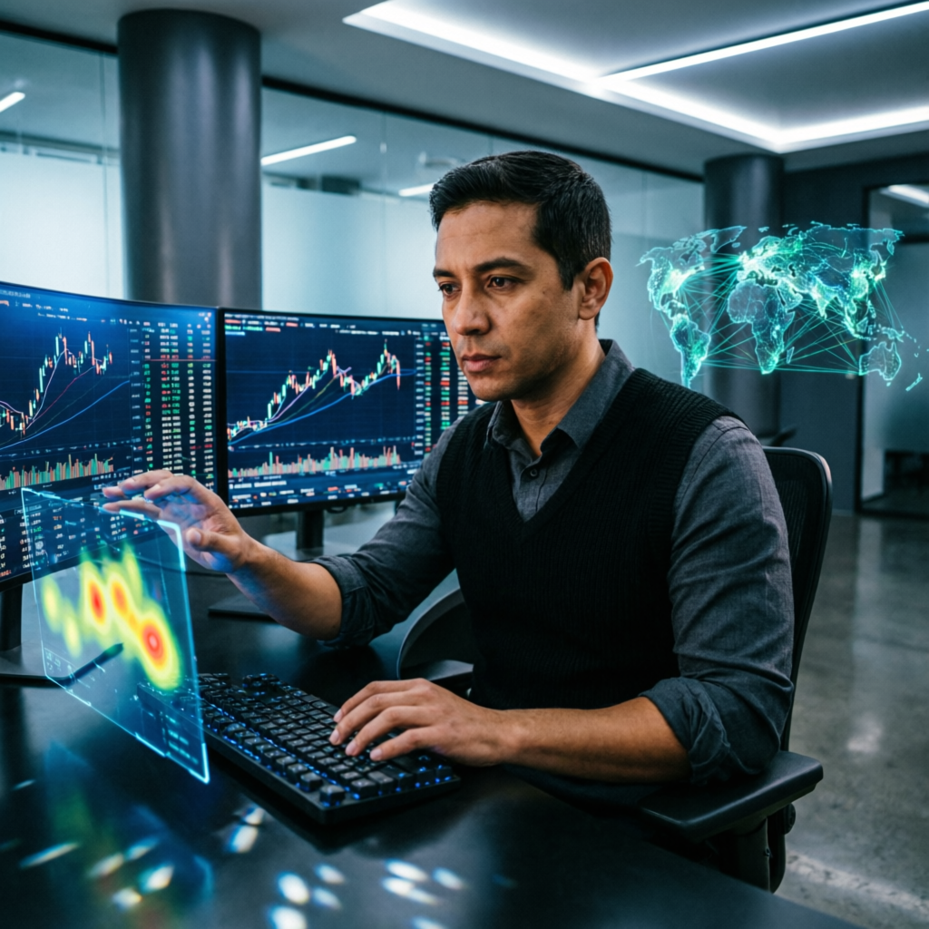 Professional trader analyzing Topstep futures charts on multiple monitors