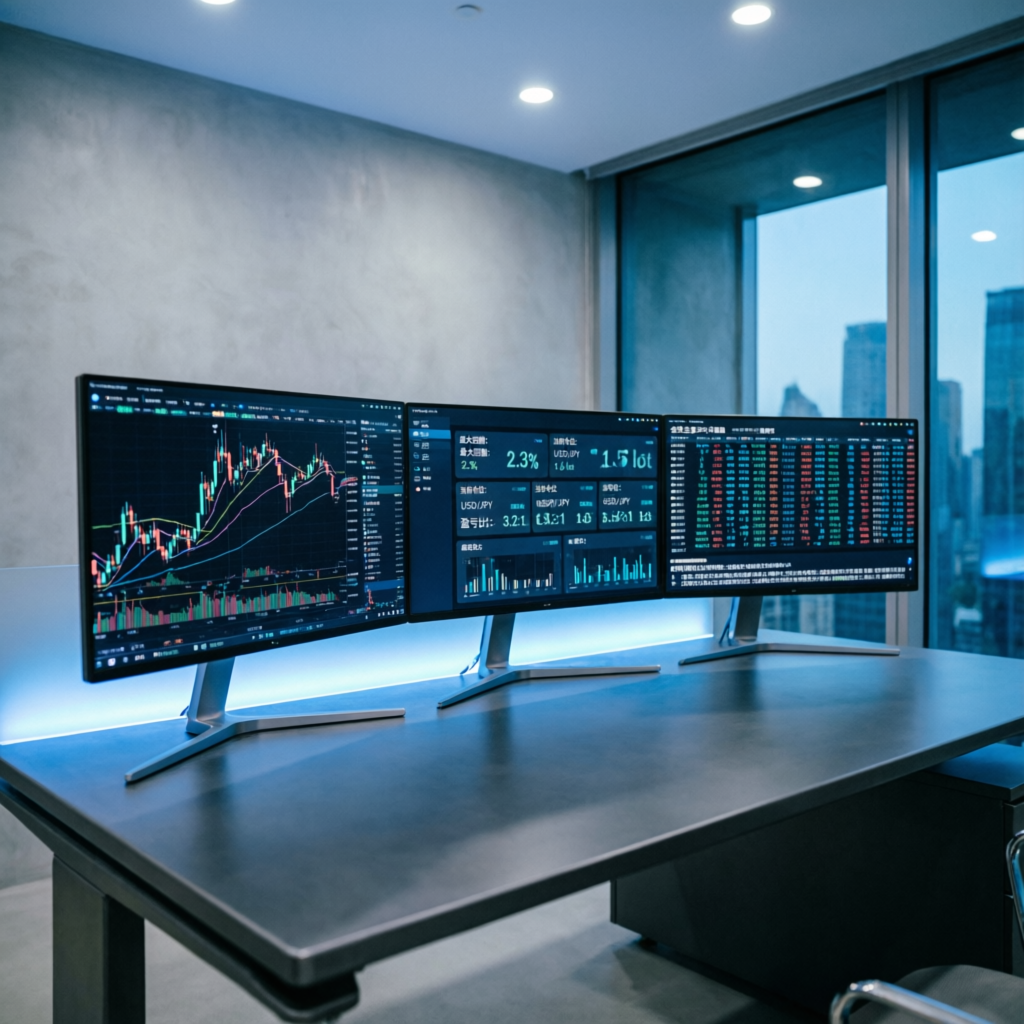 Professional trading workspace with multiple monitors showing futures charts