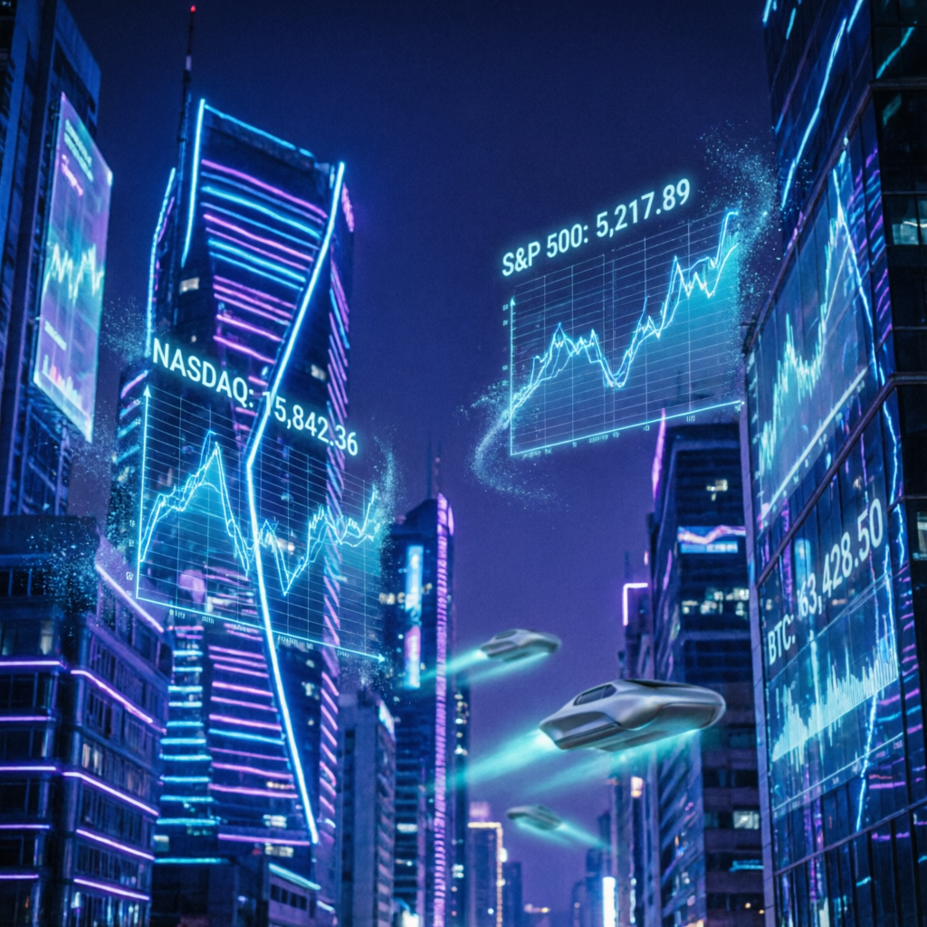 Futuristic city with holographic financial charts representing modern trading