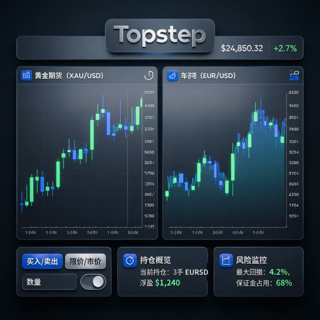 Topstep trading dashboard showing futures charts and risk management