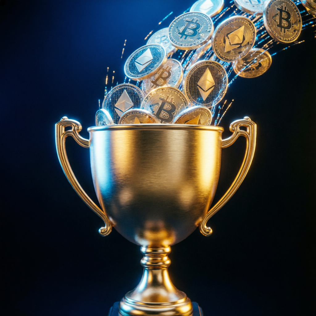 Golden trophy with digital coins representing Topstep funded account success