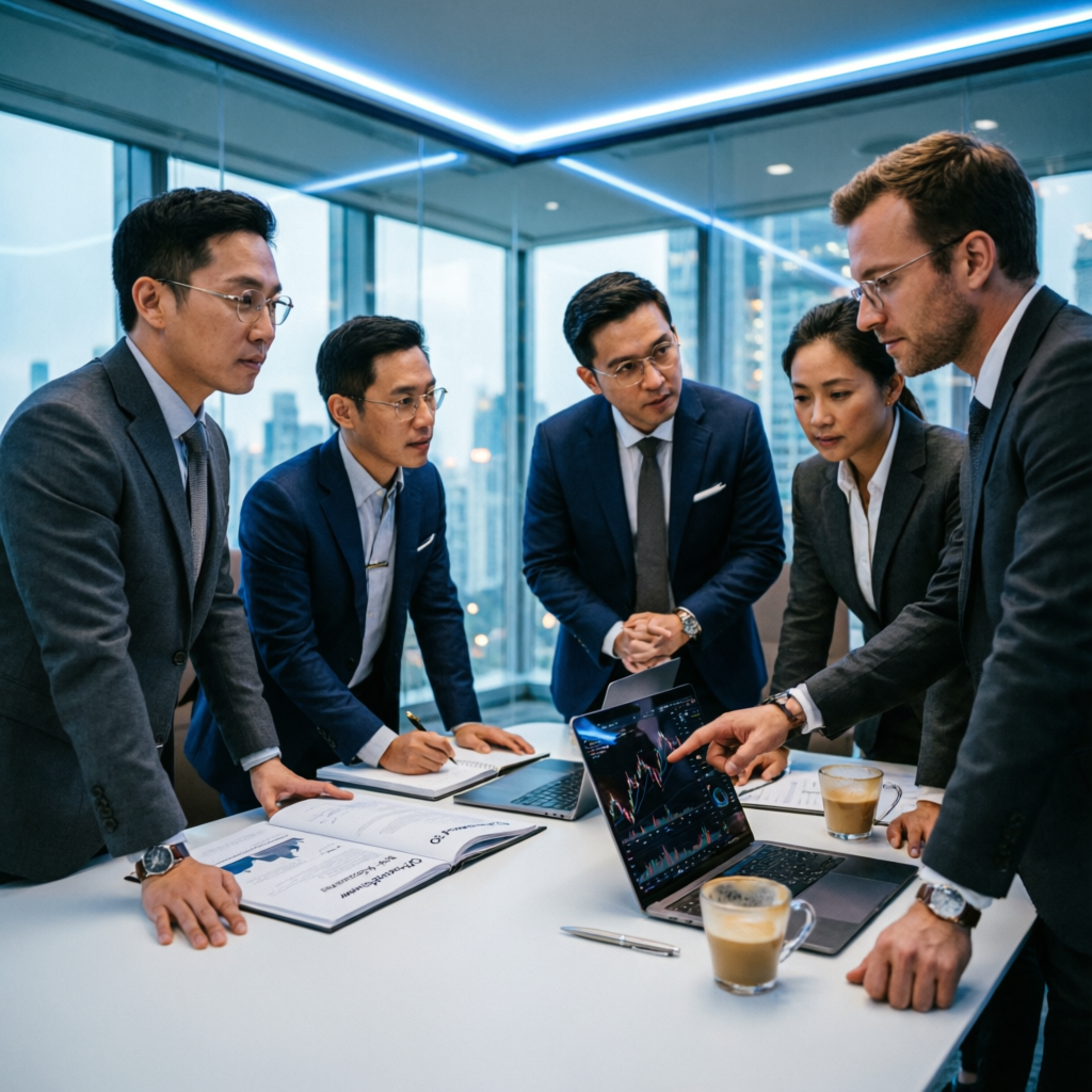 Professional team of financial experts discussing trading strategies