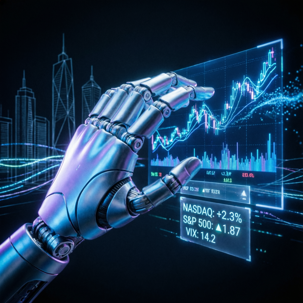 AI robot hand analyzing trading charts for automated prop firm strategies