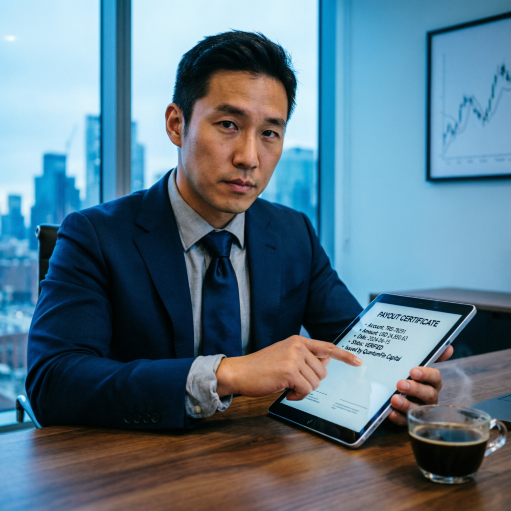 Professional trader reviewing Topstep payout certificate on tablet