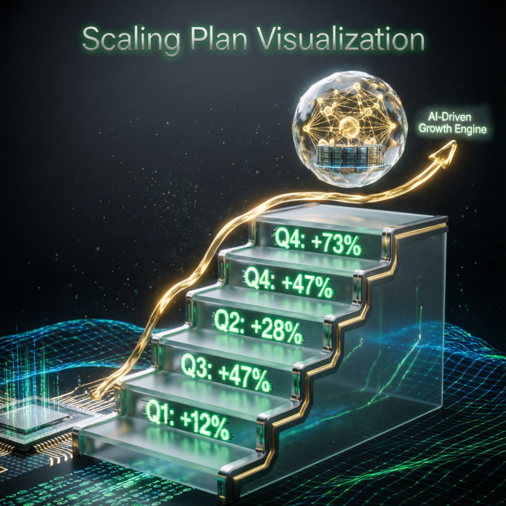Scaling plan visualization showing AI-driven growth engine with quarterly growth