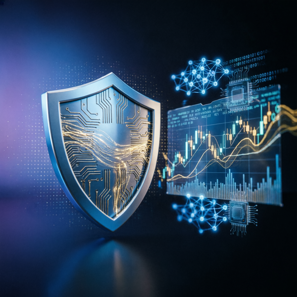 Risk management shield with AI technology protecting trading capital