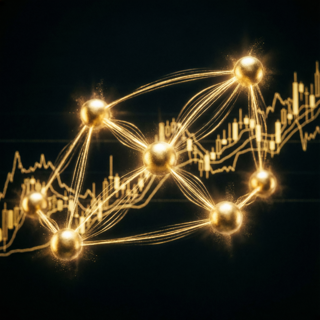 AI neural network visualization with golden trading charts representing Topstep Trading Combine analysis
