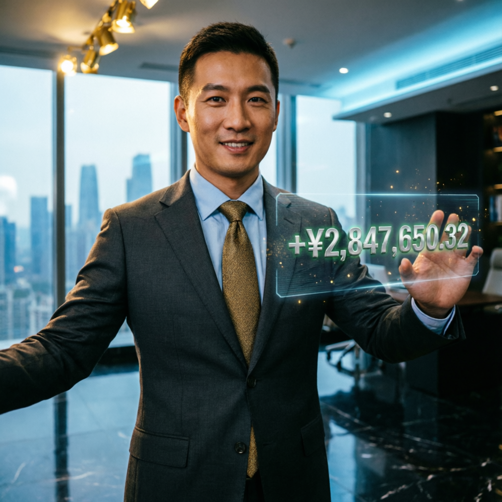 Successful trader celebrating with holographic profit display