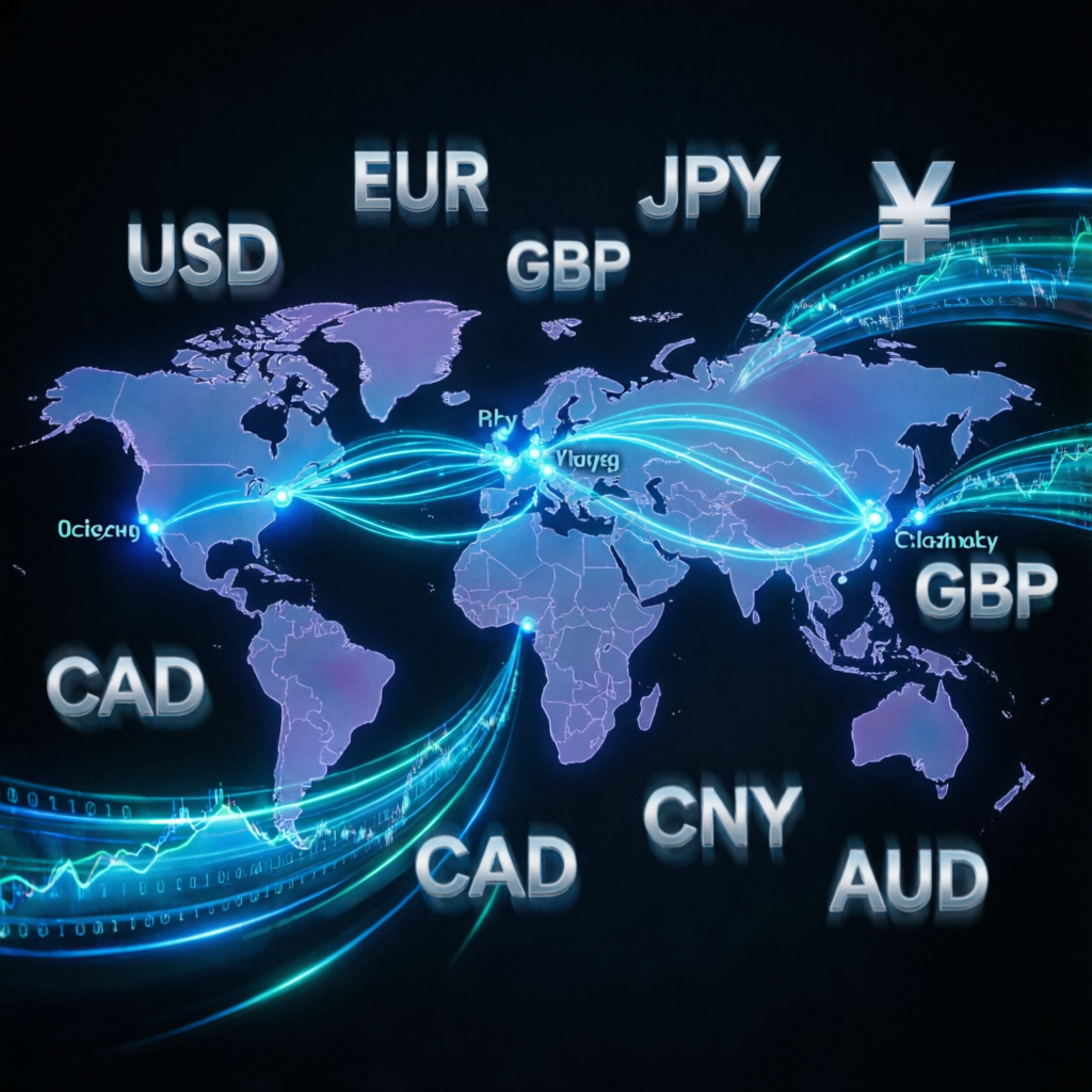 Global forex market visualization with world map and currency symbols