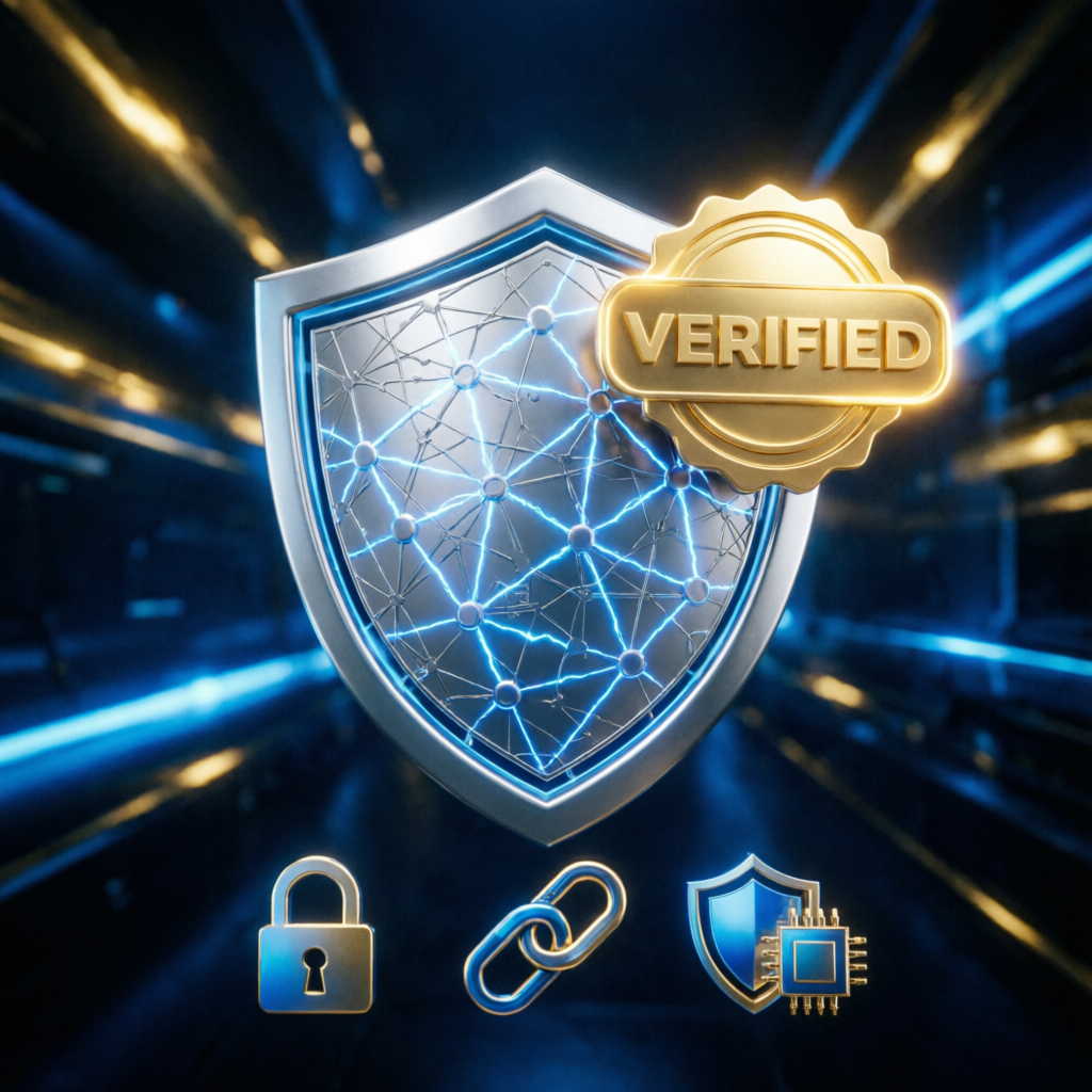 Verified security shield with blockchain visualization representing trusted prop firm service