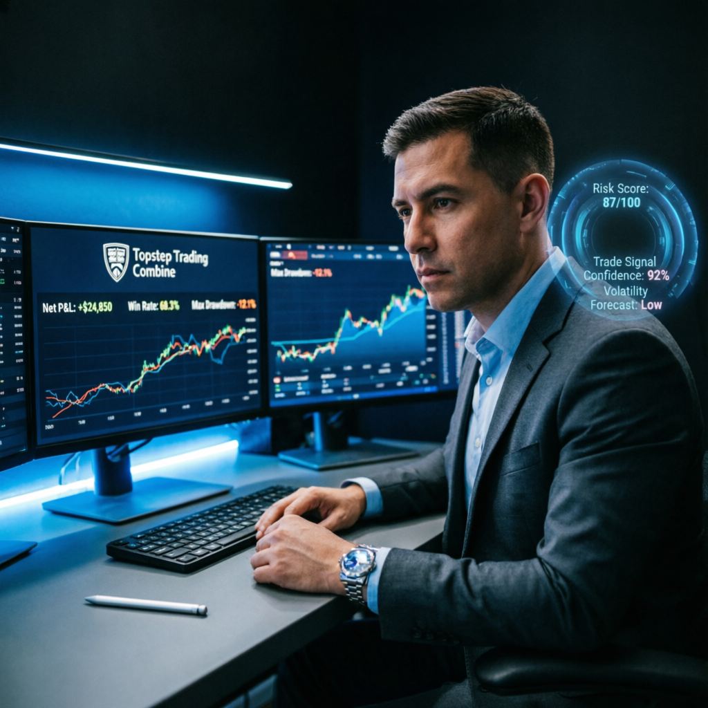 Professional trader analyzing Topstep Trading Combine performance on multiple monitors