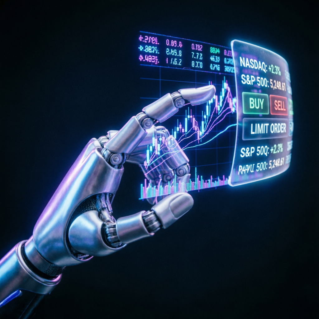 AI robot hand interacting with holographic trading interface showing buy sell orders