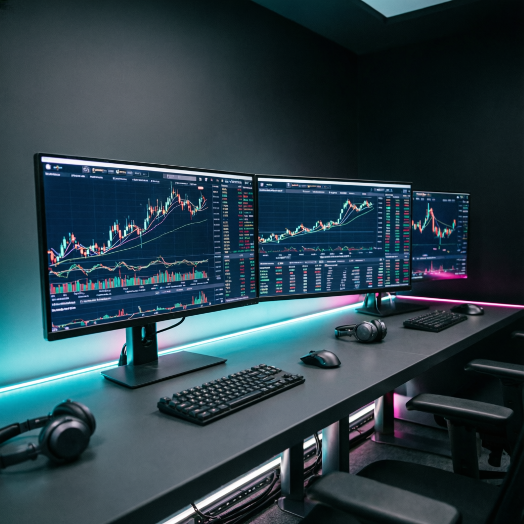 Modern trading command center with multiple monitors showing Topstep futures charts and analytics