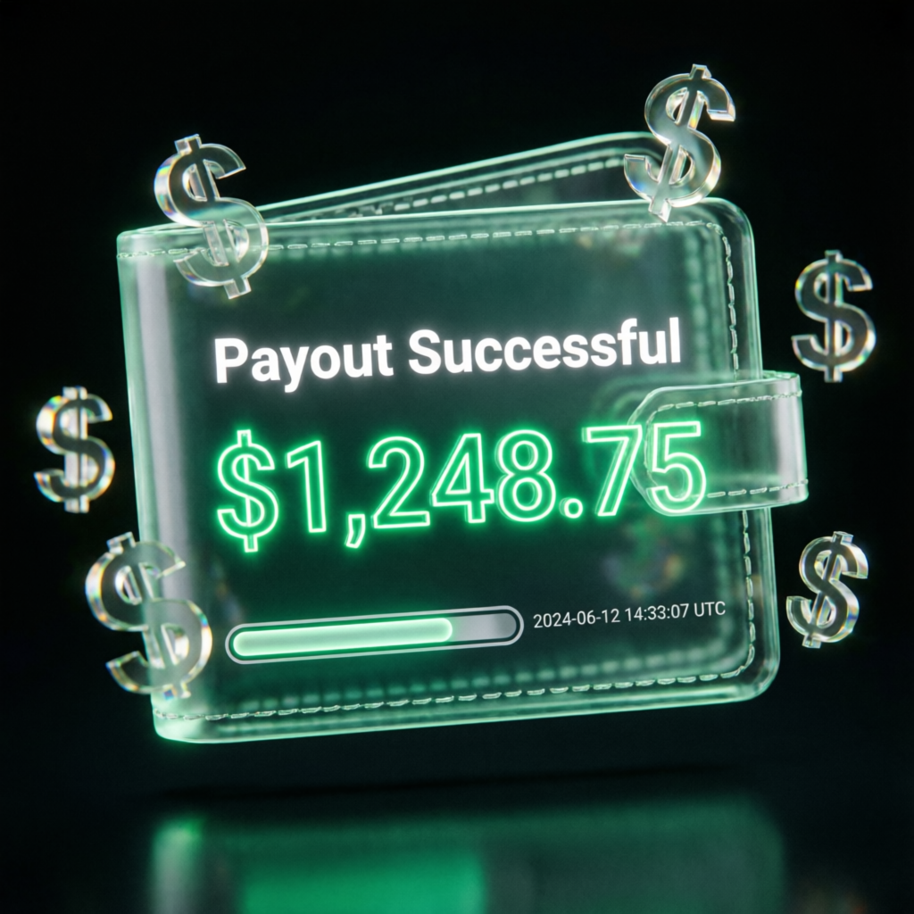 Payout success visualization showing $1,248.75 successful Topstep withdrawal