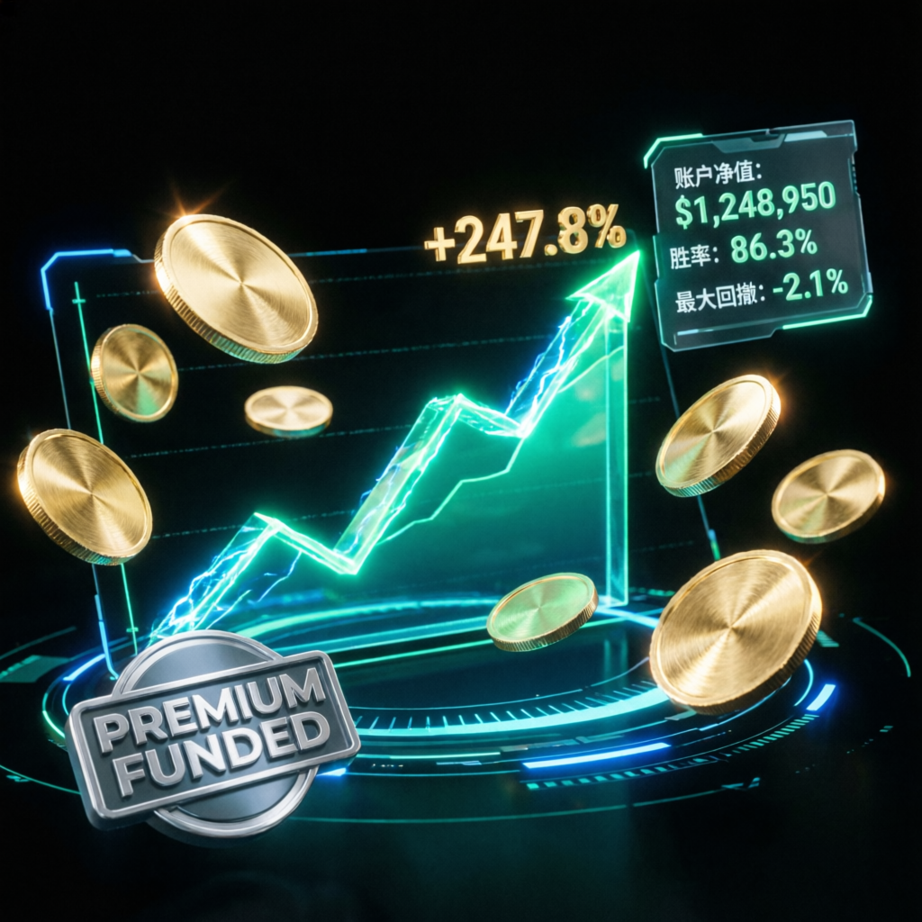 Funded account success showing +247.8% profit growth with premium funded badge