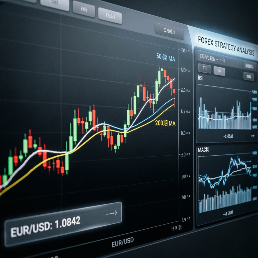 Forex strategy analysis with candlestick charts and technical indicators