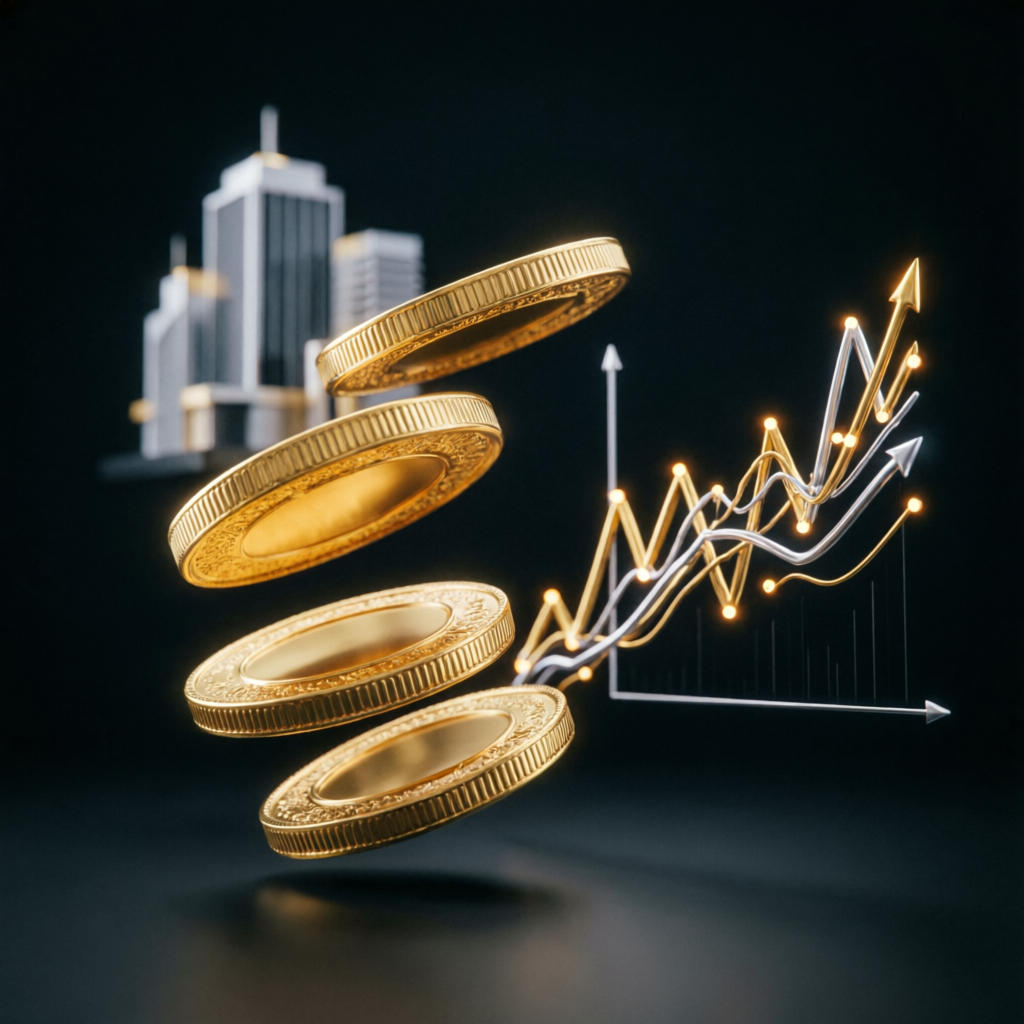 Financial success concept with gold coins and trading charts