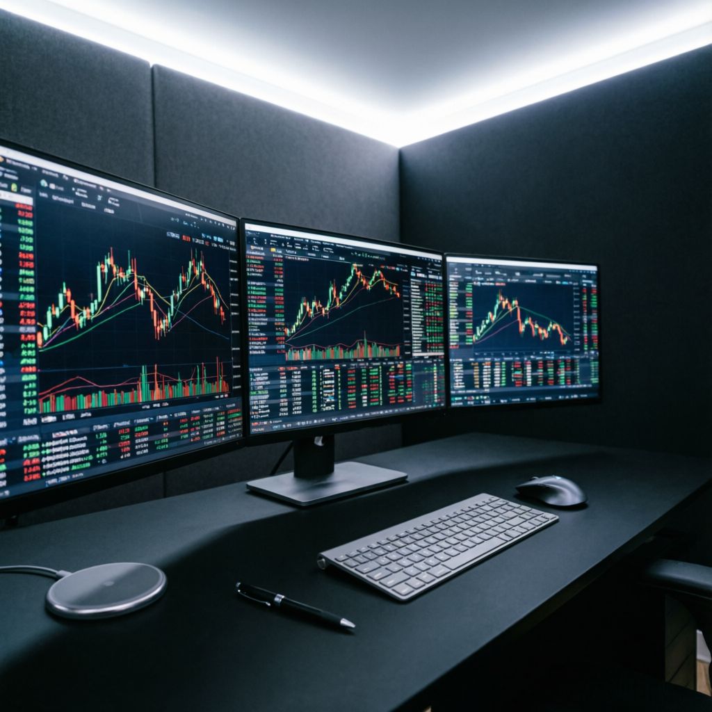 Professional trading workspace with multiple monitors showing forex charts