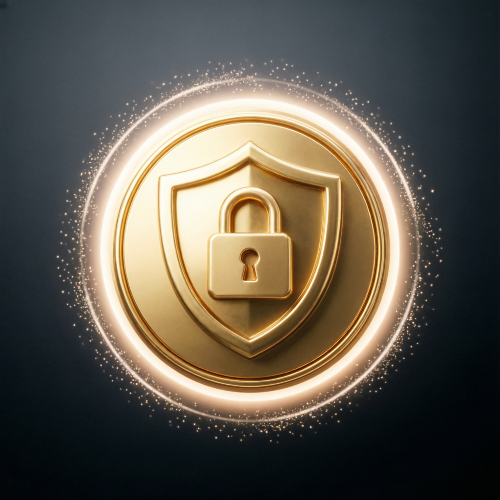 Gold security shield with lock symbol representing trust and protection