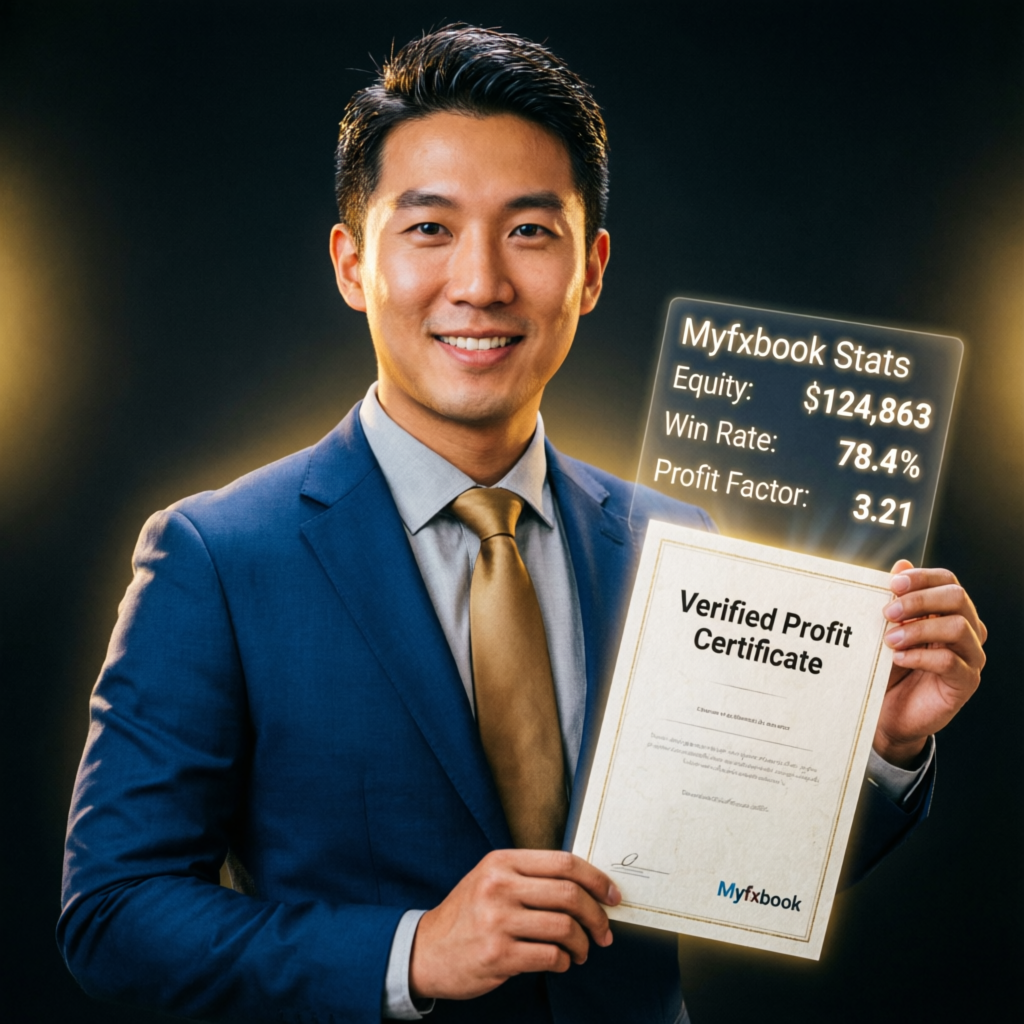 Trader holding verified profit certificate with Myfxbook stats