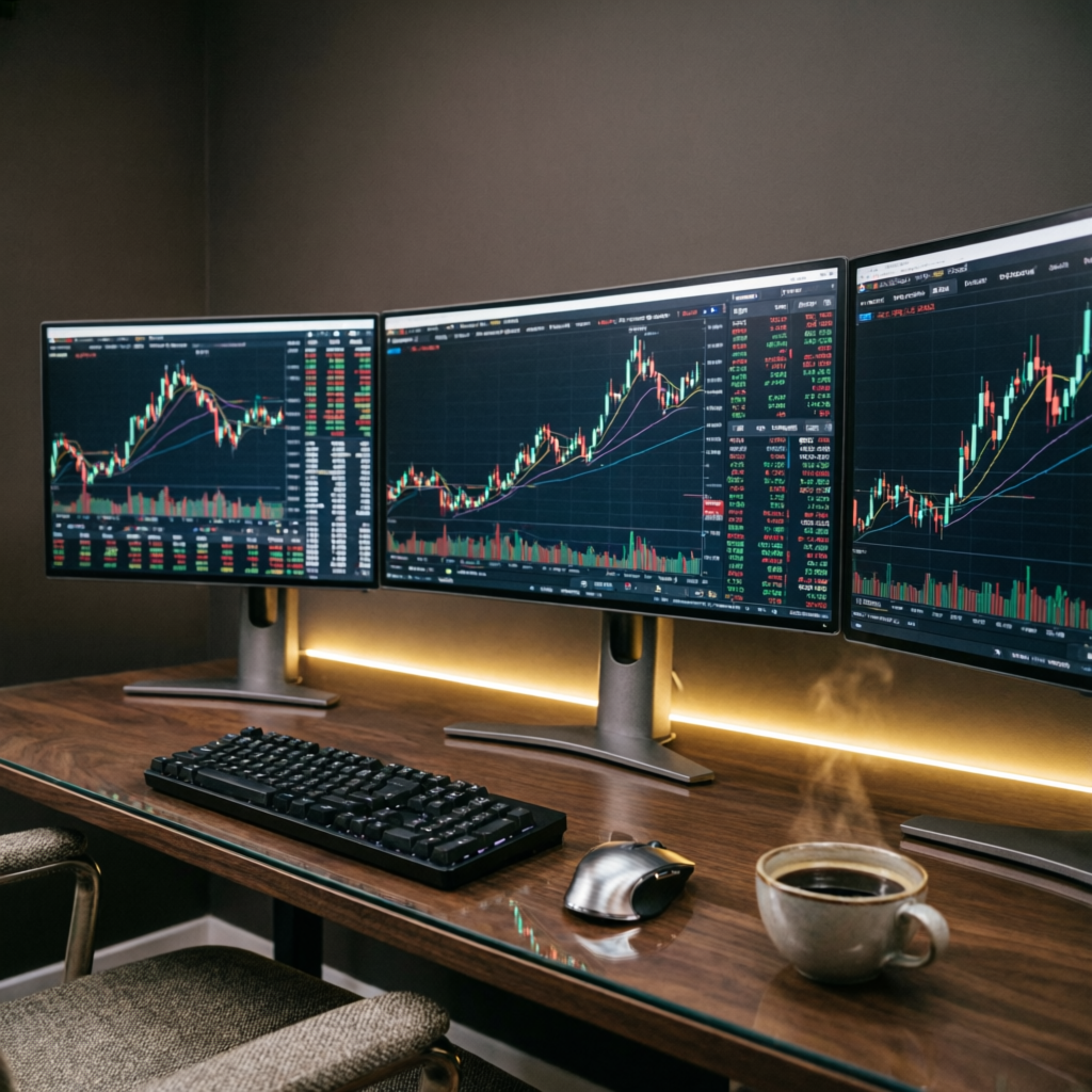 Multi-monitor trading setup with live forex charts