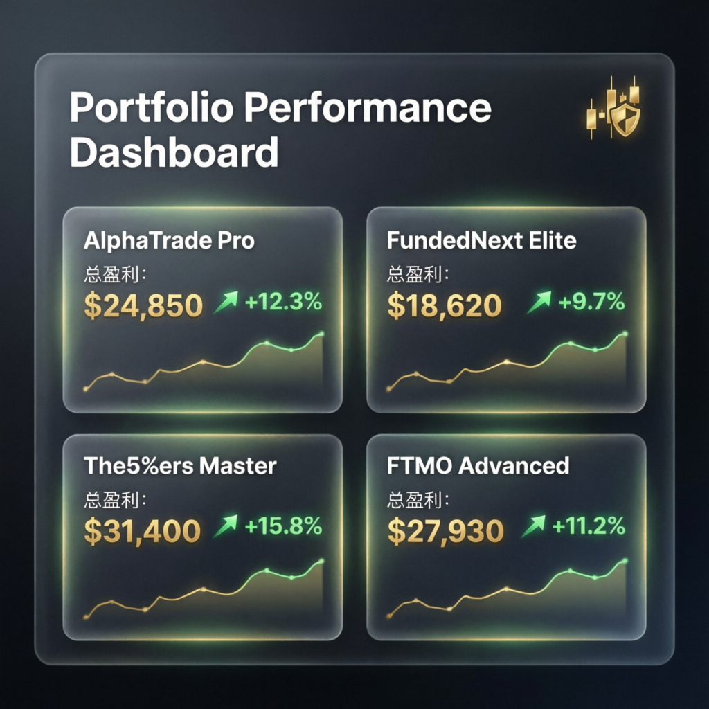 Portfolio performance dashboard showing multiple prop firm accounts