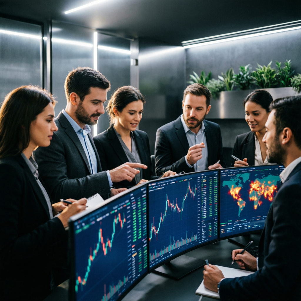 Professional team of forex analysts collaborating on prop firm strategies