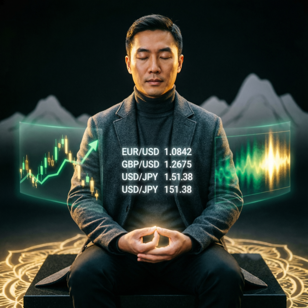 Trader meditating with forex charts showing trading psychology mastery