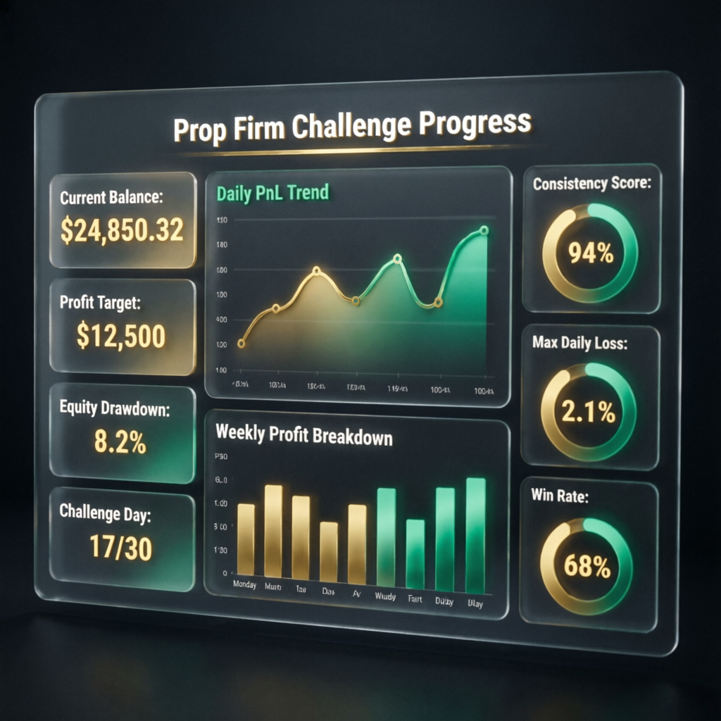 Prop firm challenge progress dashboard showing 94% consistency score