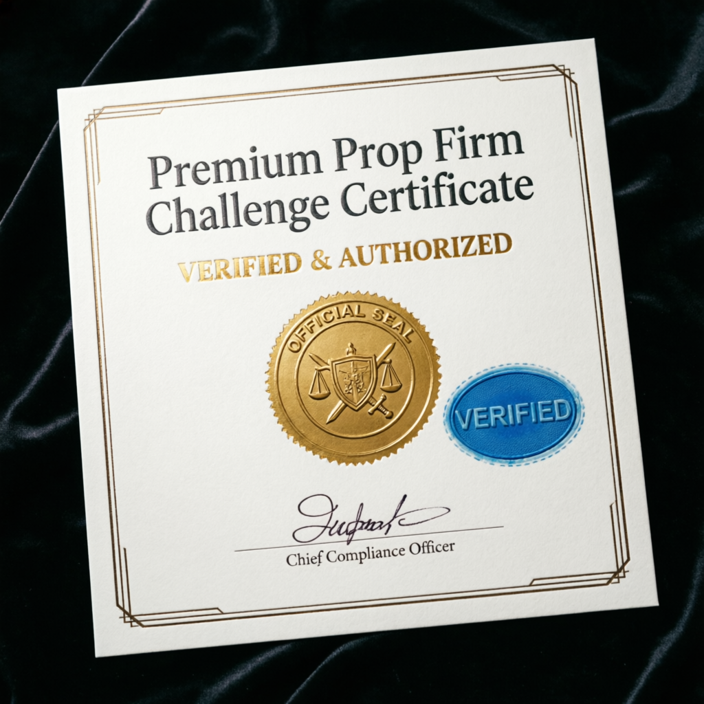Premium prop firm challenge certificate verified and authorized