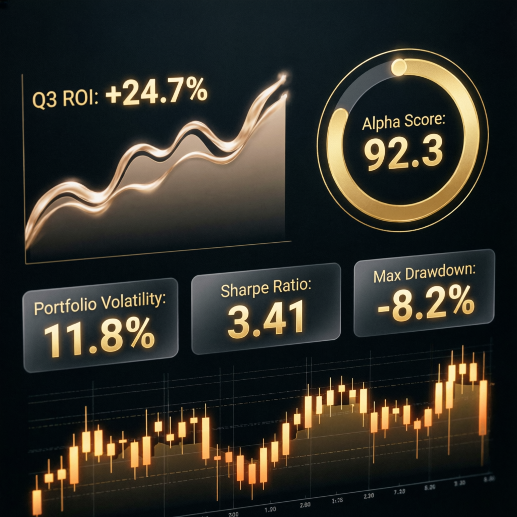 Professional financial analytics dashboard showing Q3 ROI and performance metrics