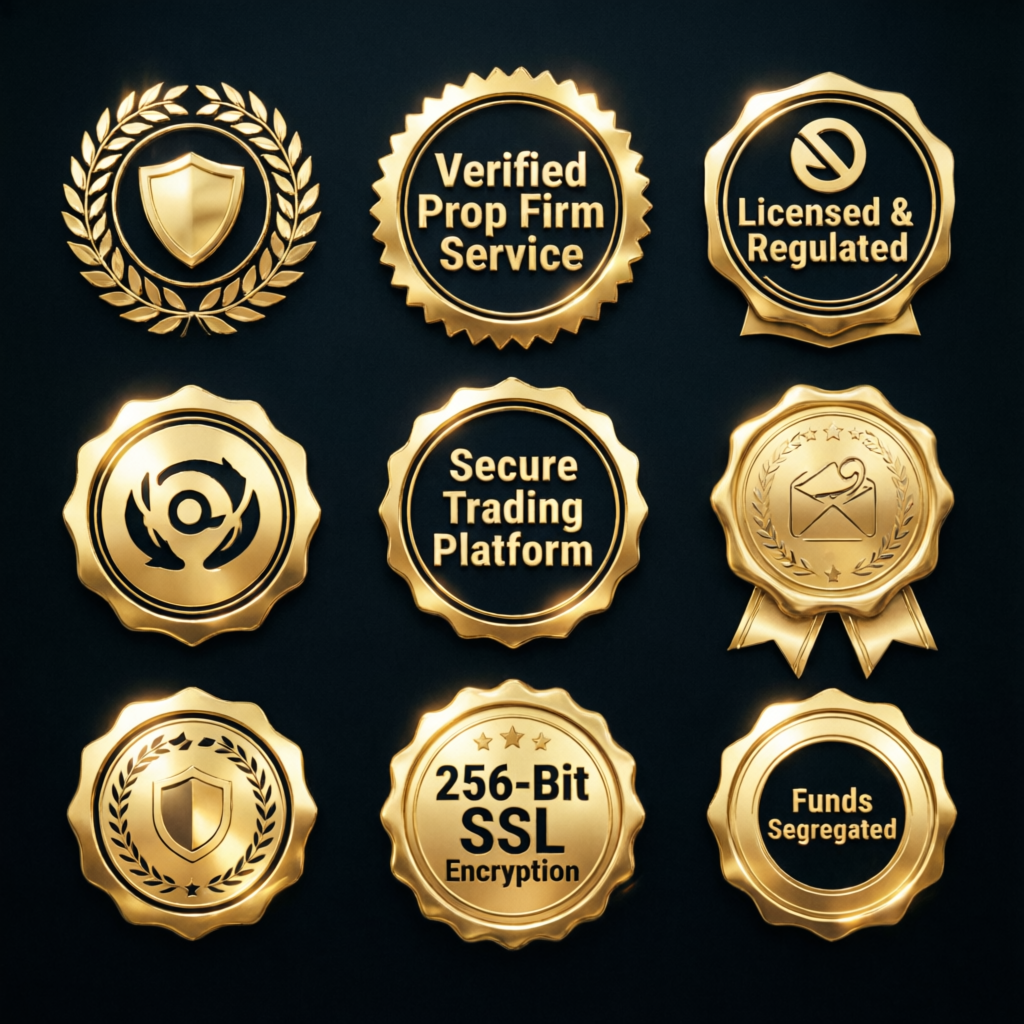 Premium trust badges and certifications for verified prop firm service