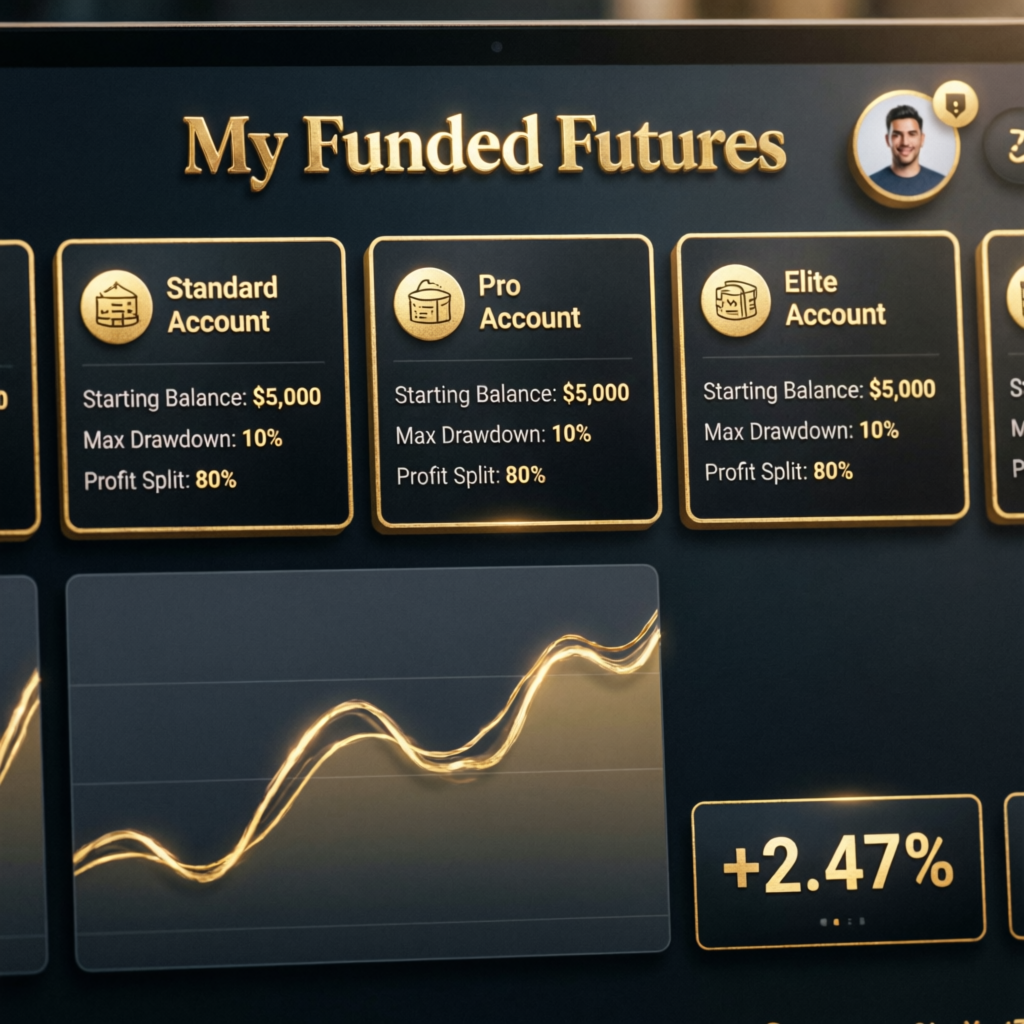 My Funded Futures account types dashboard showing Standard Pro and Elite accounts
