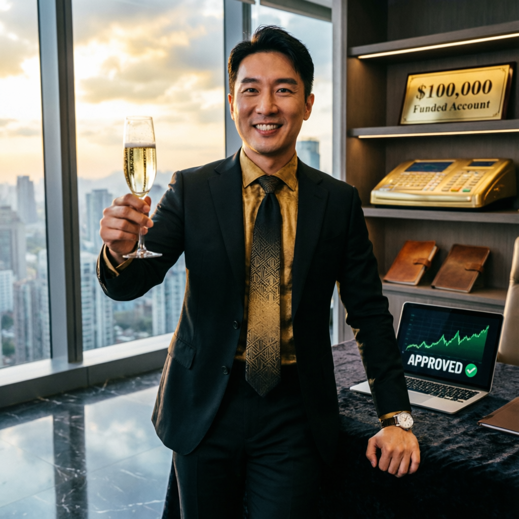 Successful trader celebrating funded account achievement with champagne