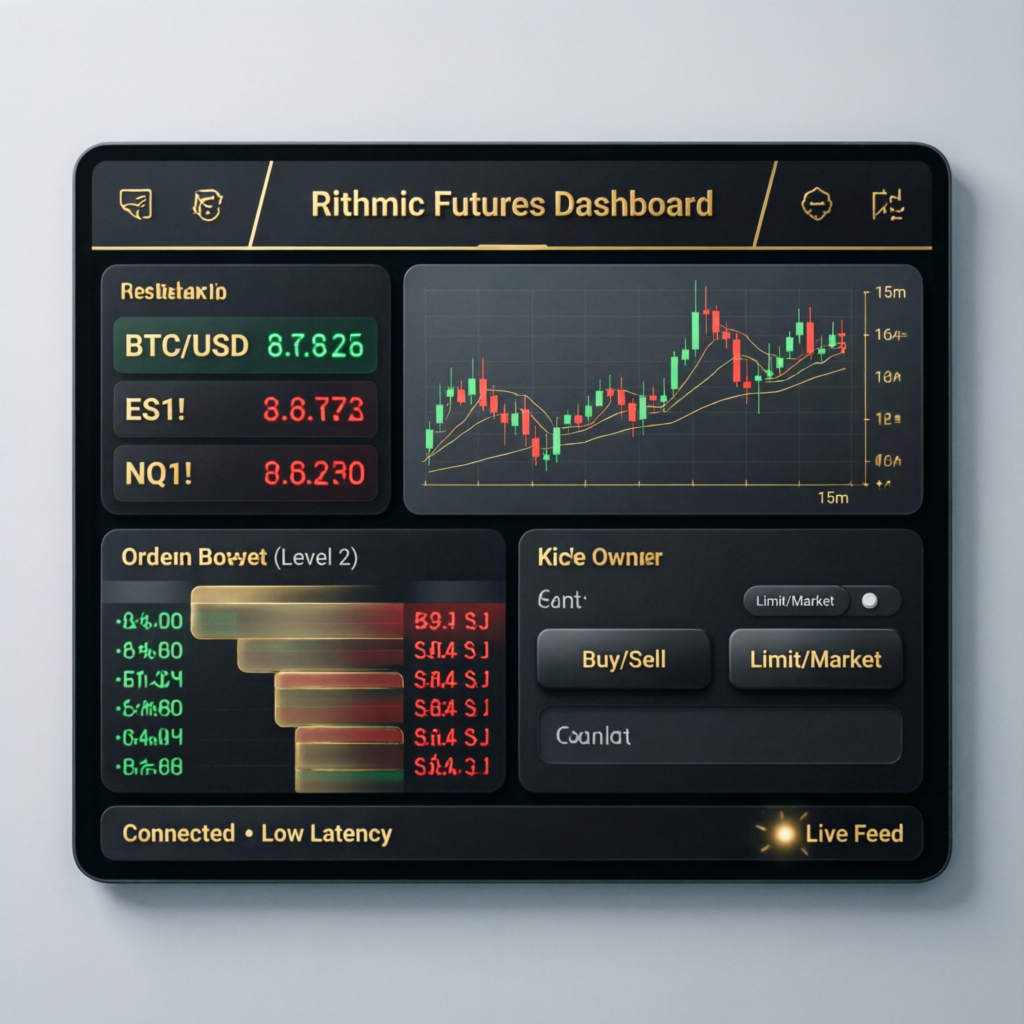 Rithmic futures trading dashboard with professional interface